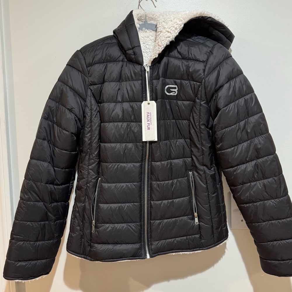 Cyclebar Reversible Black Puffer Jacket with Hood